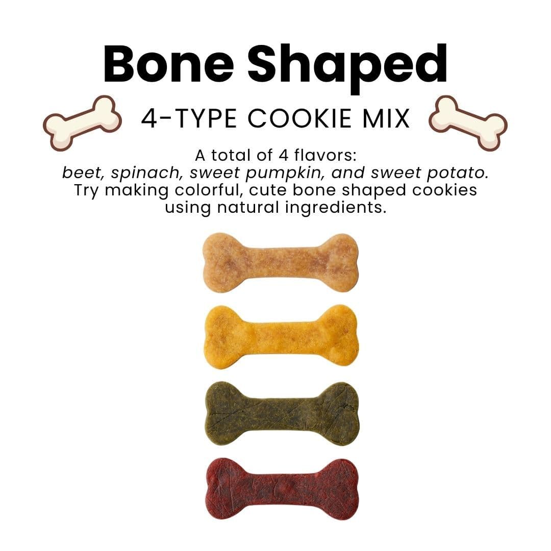 Four finished bone cookies showing the sweet potato, sweet pumpkin, spinach, and beet colors